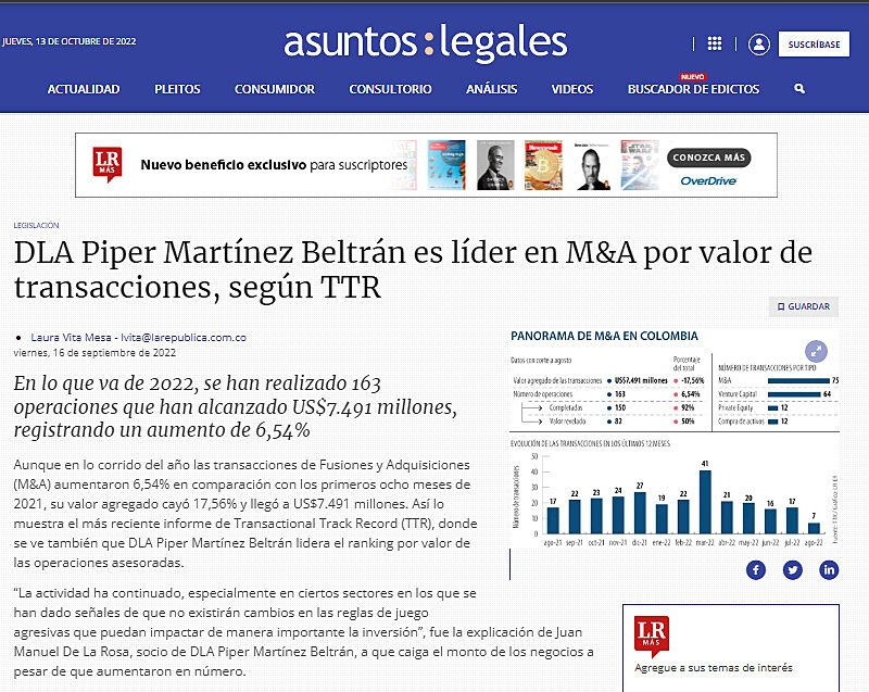 DLA Piper Martnez Beltrn es lder en M&A por valor de transacciones, segn TTR